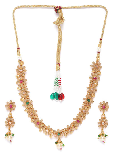 Ruby Emerald Stones Pearls Gold Plated Floral Jewellery Set