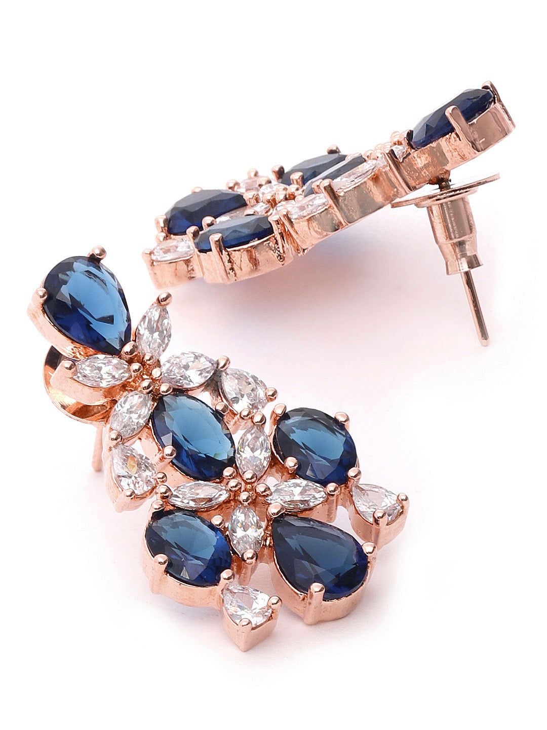 Blue American Diamond Rose Gold Plated Floral Jewellery Set
