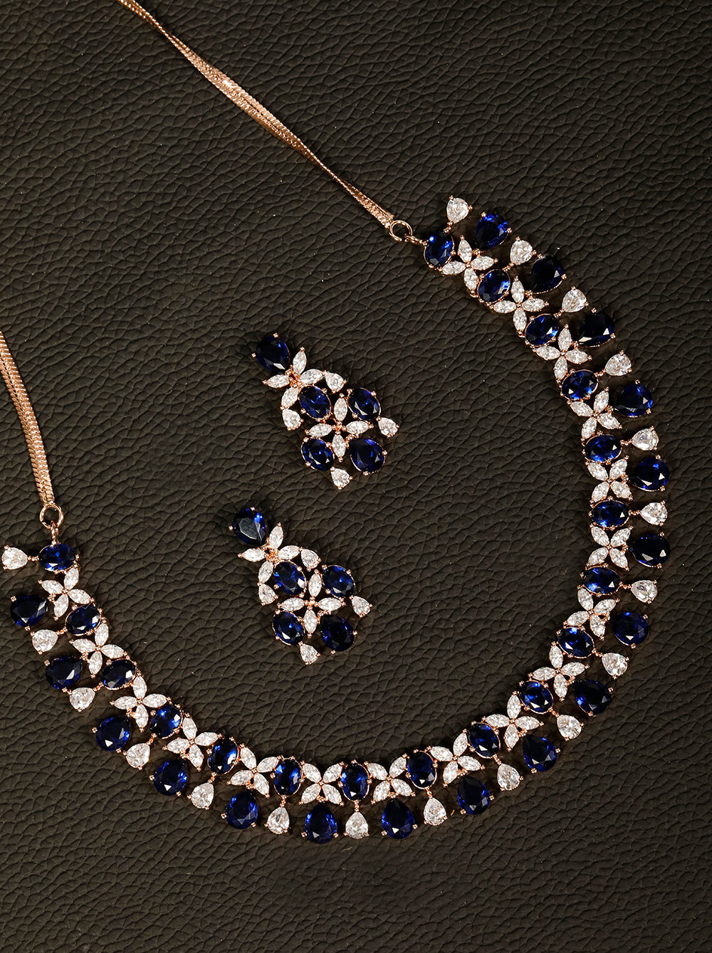 Blue American Diamond Rose Gold Plated Floral Jewellery Set
