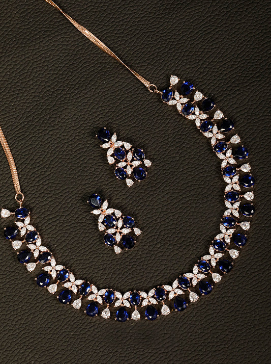 Blue American Diamond Rose Gold Plated Floral Jewellery Set
