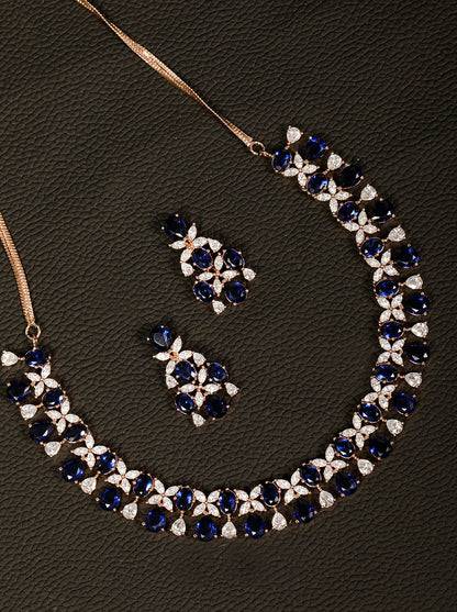 Blue American Diamond Rose Gold Plated Floral Jewellery Set