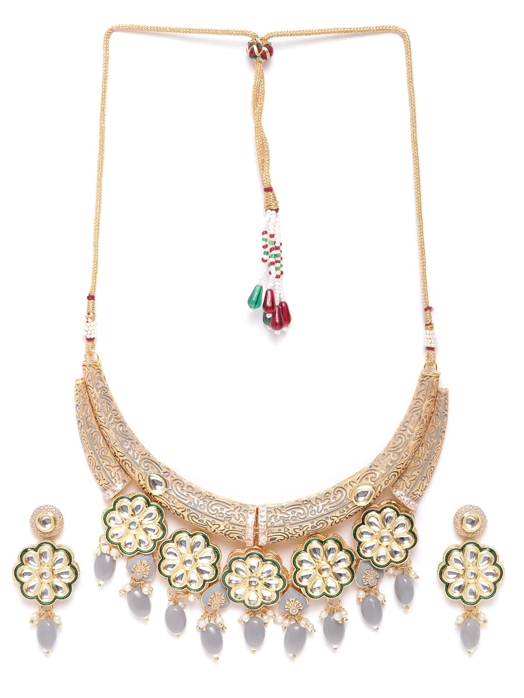 Grey Pearls Kundan Gold Plated Meenakari Jewellery Set