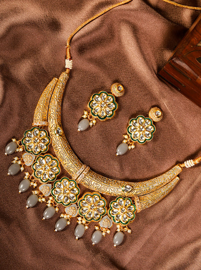 Grey Pearls Kundan Gold Plated Meenakari Jewellery Set