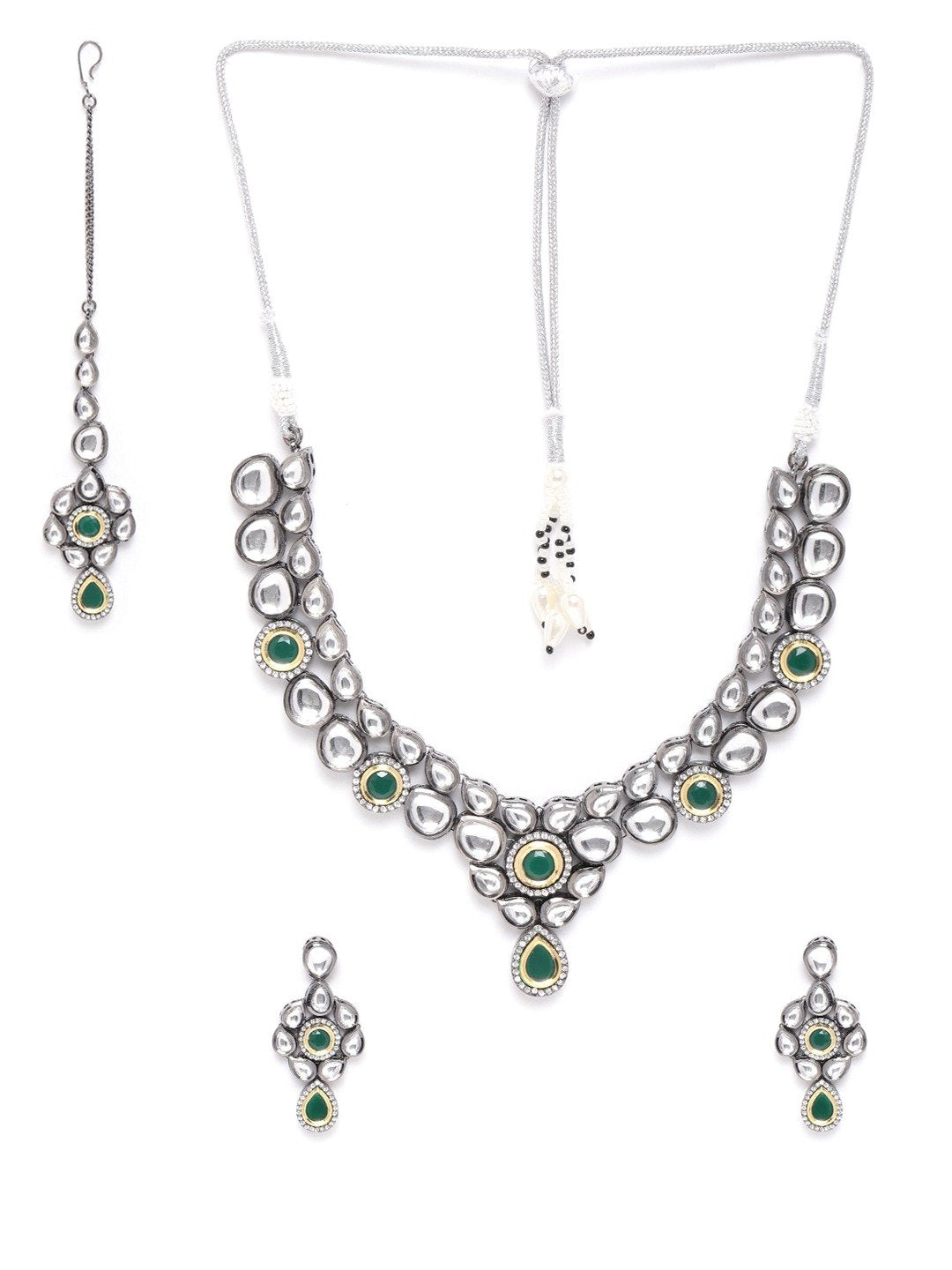 Black Kundan Emerald Stones Jewellery Set