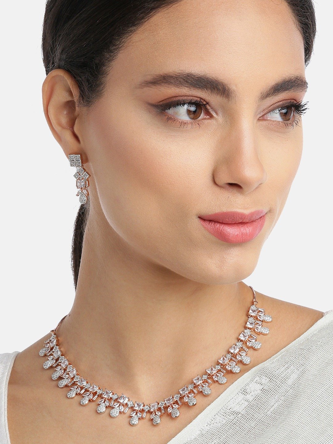 American Diamond Rose Gold Plated Leaf Jewellery Set