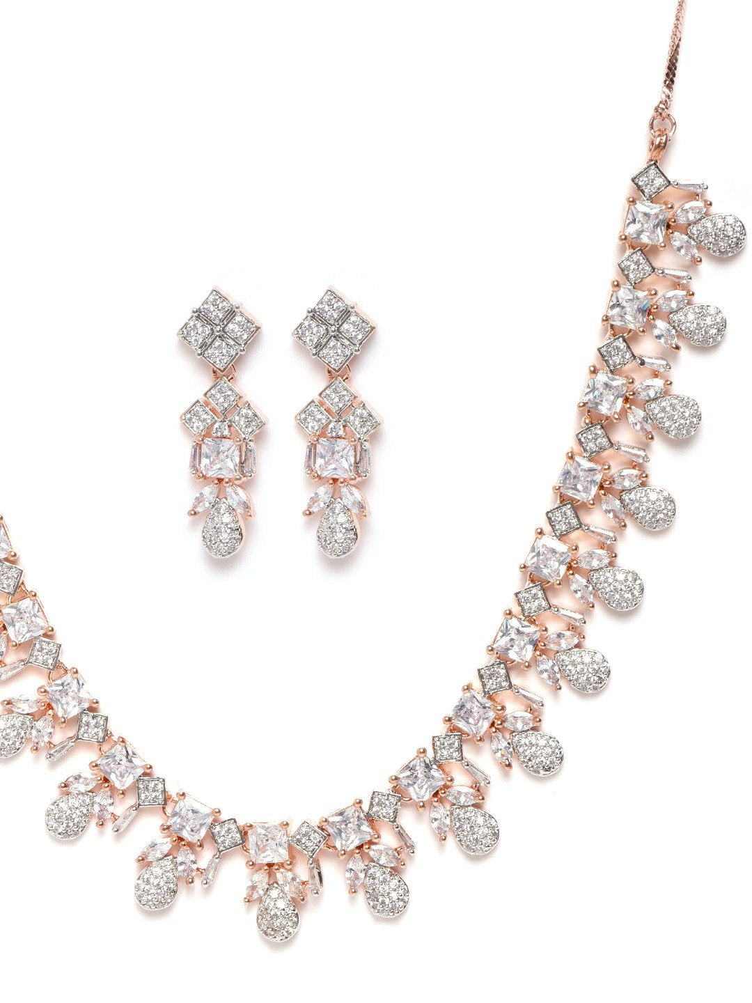 American Diamond Rose Gold Plated Leaf Jewellery Set