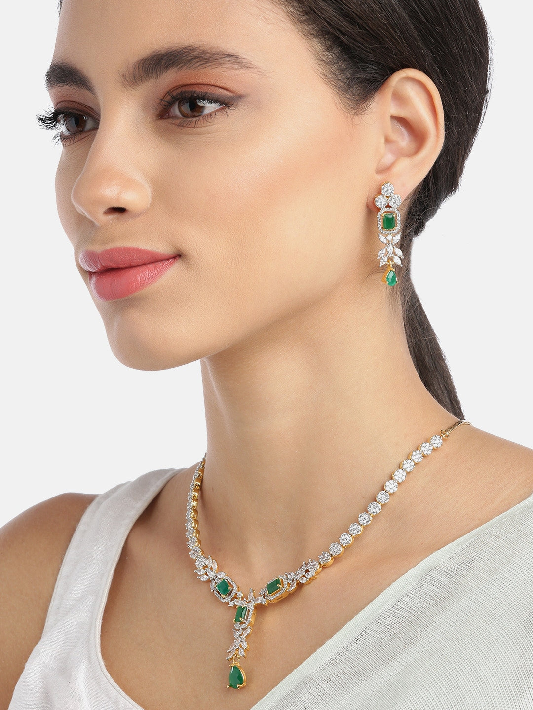 Emerald American Diamond Gold Plated Jewwllery Set