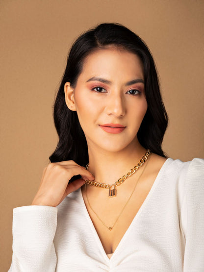 Dual-Layered Floral Lock Link Gold-Plated Necklace