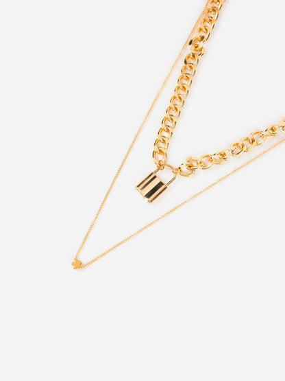 Dual-Layered Floral Lock Link Gold-Plated Necklace