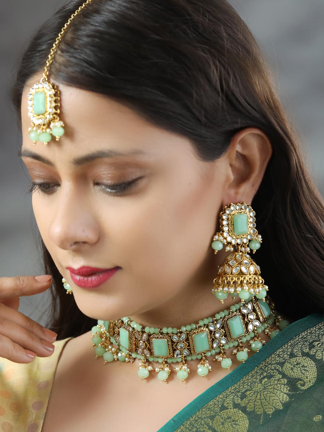 Mint Green Kundan Pearls Gold Plated Choker Set with MaangTikka