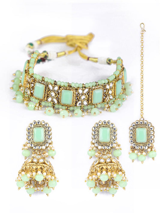 Mint Green Kundan Pearls Gold Plated Choker Set with MaangTikka