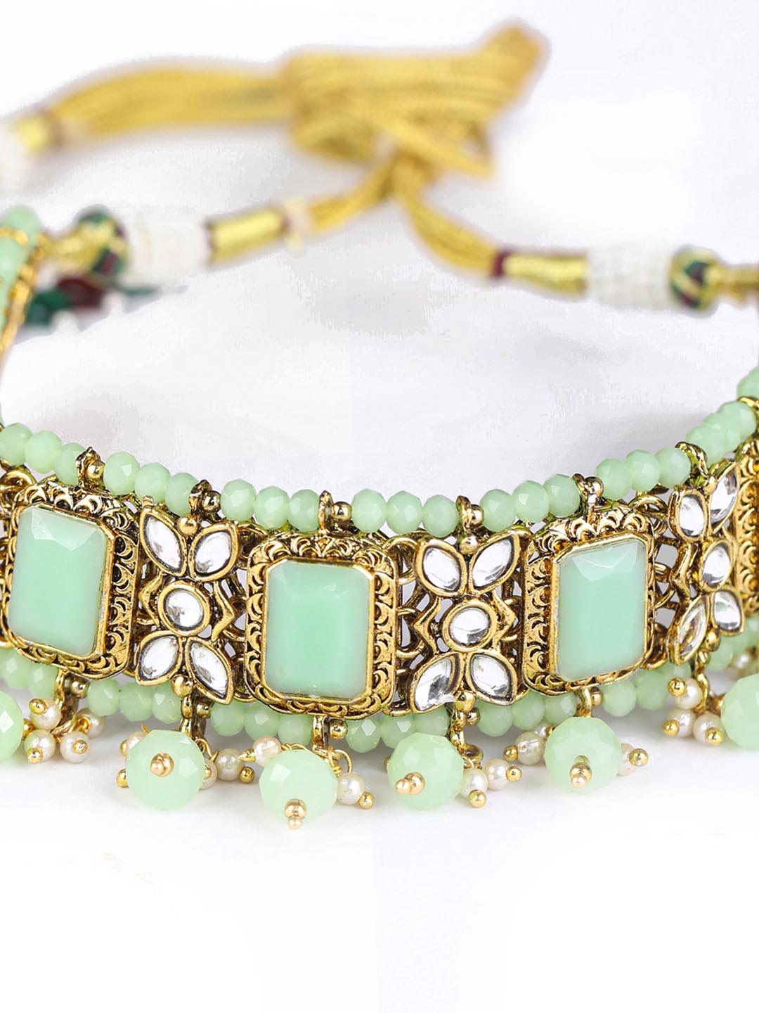 Mint Green Kundan Pearls Gold Plated Choker Set with MaangTikka