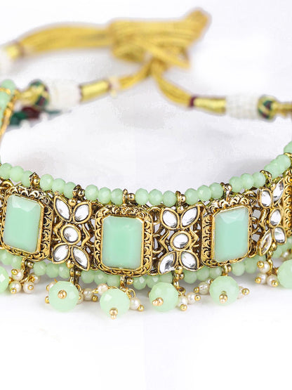 Mint Green Kundan Pearls Gold Plated Choker Set with MaangTikka