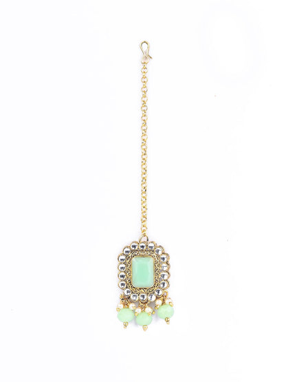 Mint Green Kundan Pearls Gold Plated Choker Set with MaangTikka