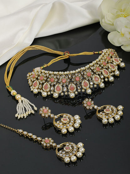 Rooh-Pink Stone Kundan Pearls Beads Gold Plated Traditional MaangTika Choker Set