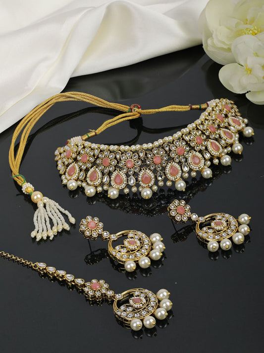 Rooh-Pink Stone Kundan Pearls Beads Gold Plated Traditional MaangTika Choker Set