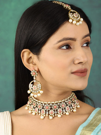 Rooh-Pink Stone Kundan Pearls Beads Gold Plated Traditional MaangTika Choker Set