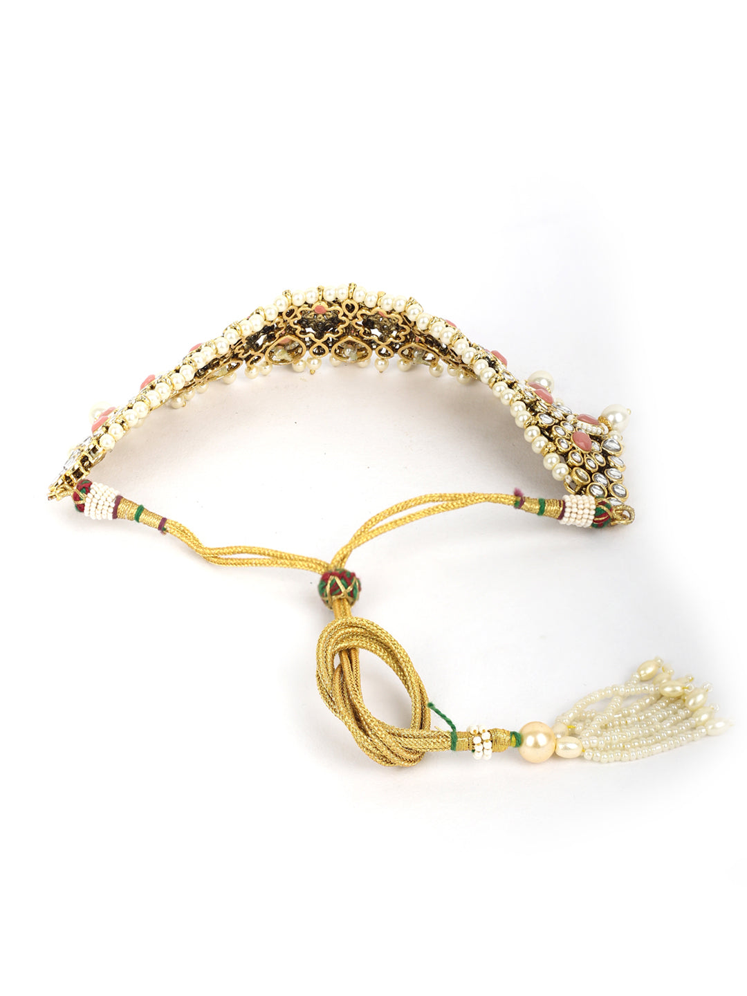 Rooh-Pink Stone Kundan Pearls Beads Gold Plated Traditional MaangTika Choker Set