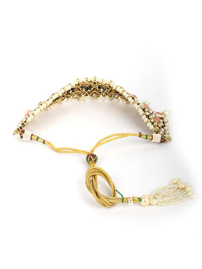 Rooh-Pink Stone Kundan Pearls Beads Gold Plated Traditional MaangTika Choker Set