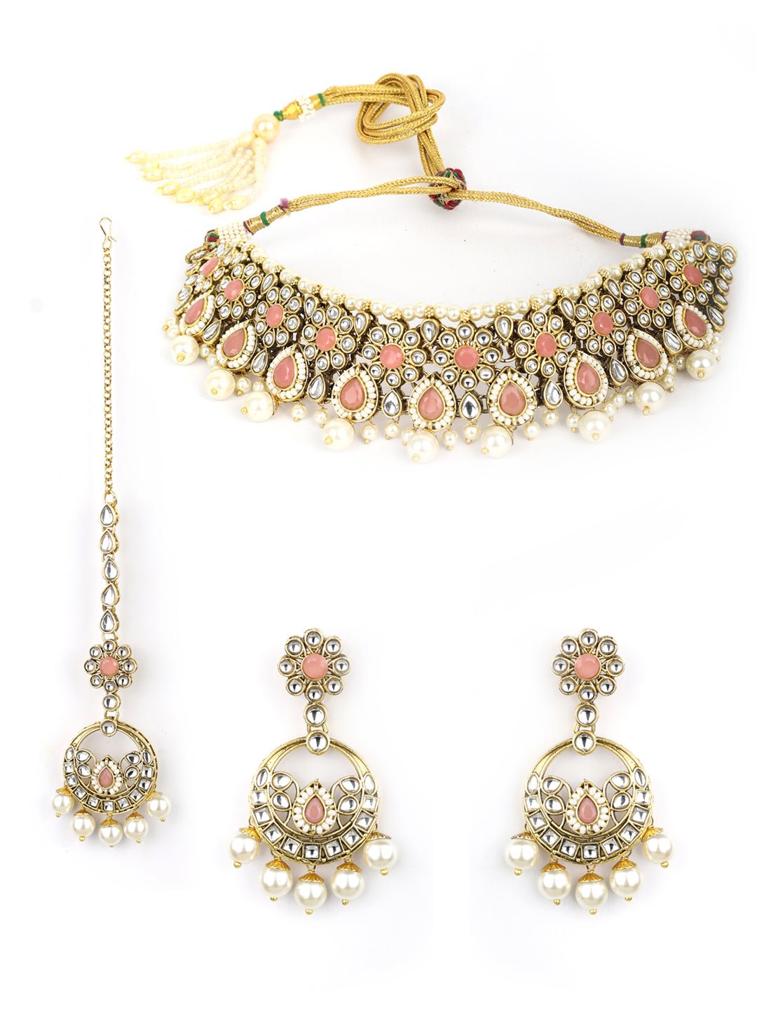 Rooh-Pink Stone Kundan Pearls Beads Gold Plated Traditional MaangTika Choker Set