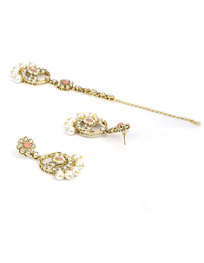 Rooh-Pink Stone Kundan Pearls Beads Gold Plated Traditional MaangTika Choker Set