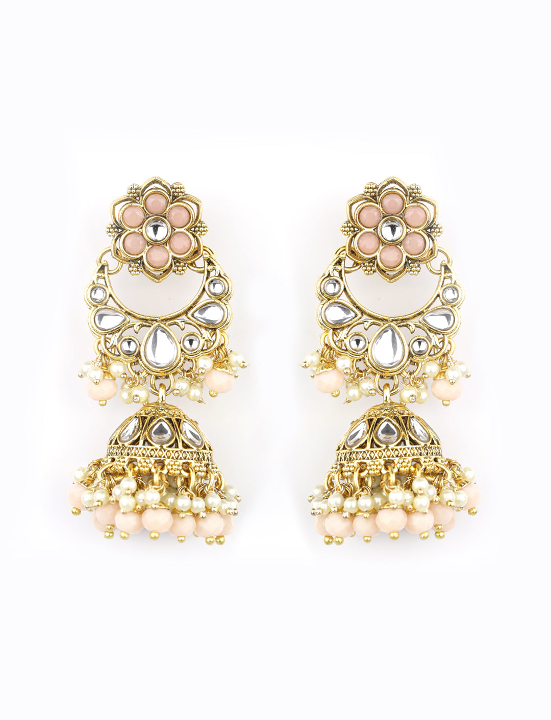 Peach Beads Pearls Kundan Gold Plated Floral Traditional MaangTika Jewellery Set