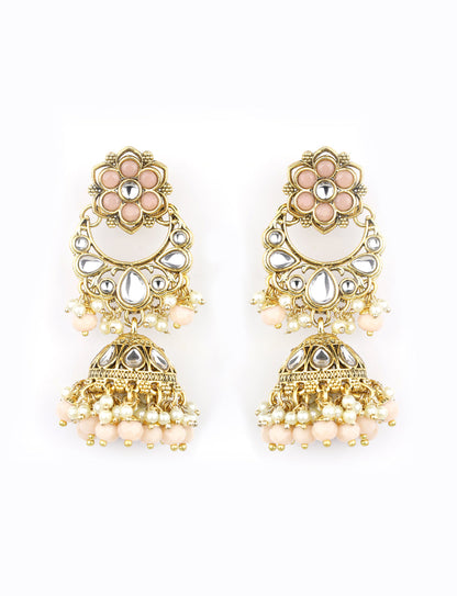 Peach Beads Pearls Kundan Gold Plated Floral Traditional MaangTika Jewellery Set