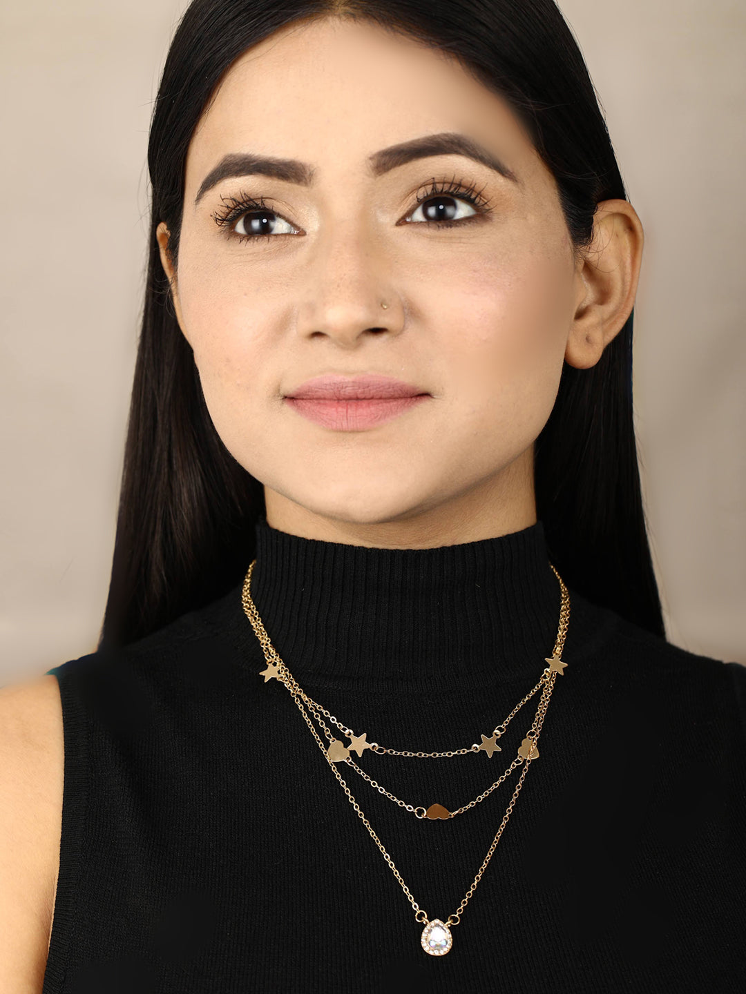 Gold Plated Heart & Star Pendant Stones Layered Necklace