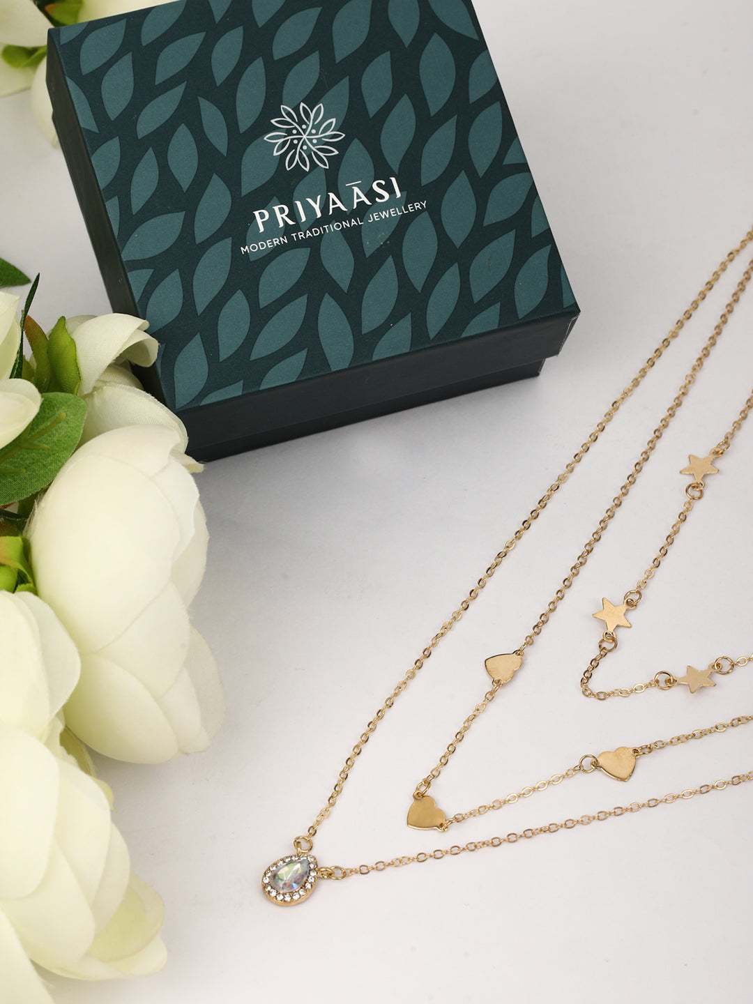 Gold Plated Heart & Star Pendant Stones Layered Necklace