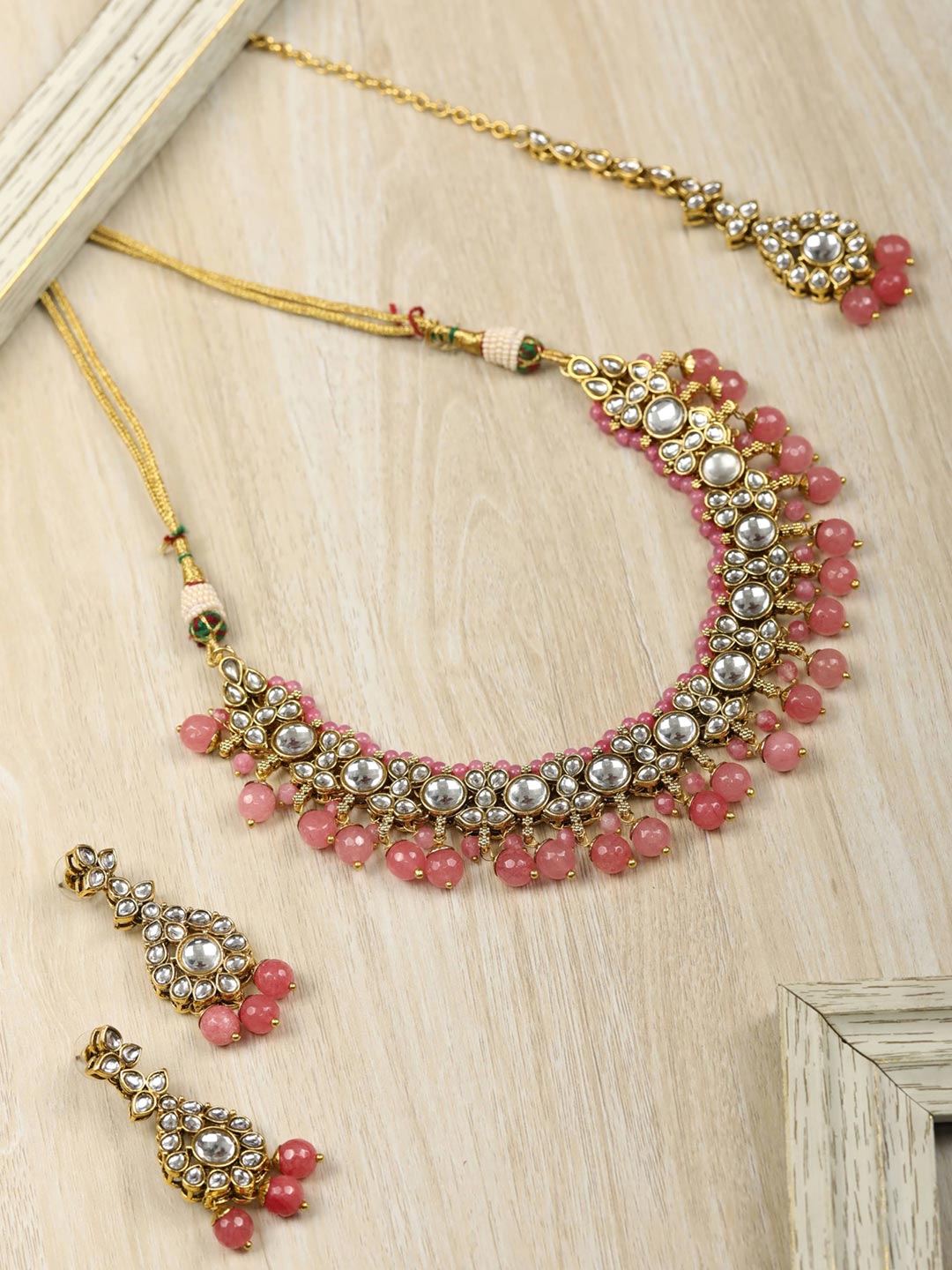 Pink Beads Pearls Kundan Gold Plated Jewellery Set with Maang Tikka