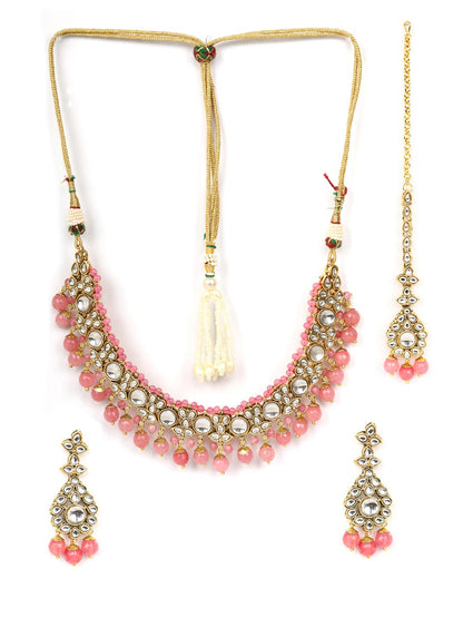Pink Beads Pearls Kundan Gold Plated Jewellery Set with Maang Tikka