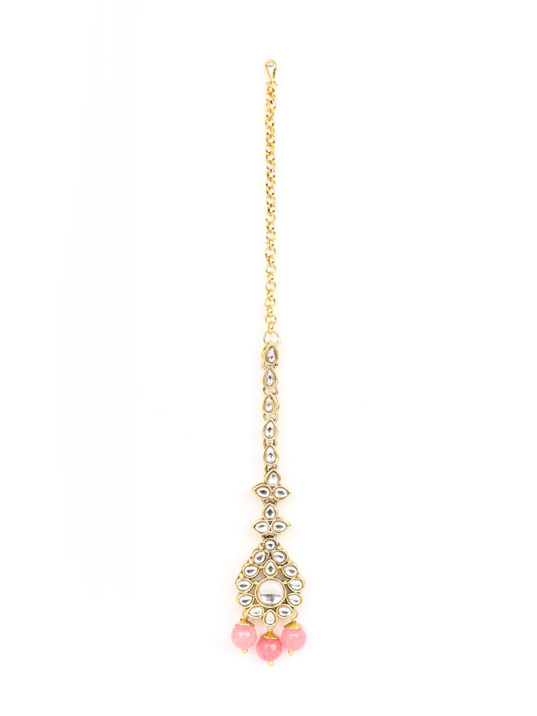 Pink Beads Pearls Kundan Gold Plated Jewellery Set with Maang Tikka