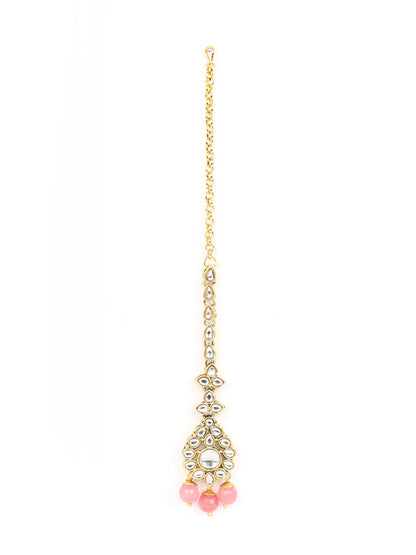 Pink Beads Pearls Kundan Gold Plated Jewellery Set with Maang Tikka