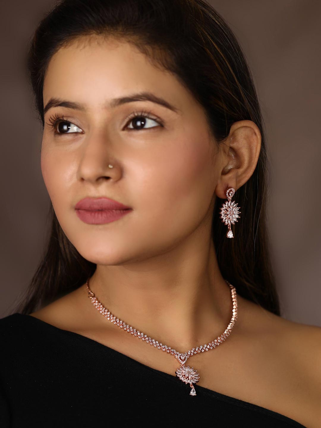 Dreamy Dahlia - American Diamond Rose Gold Plated Jewellery Set