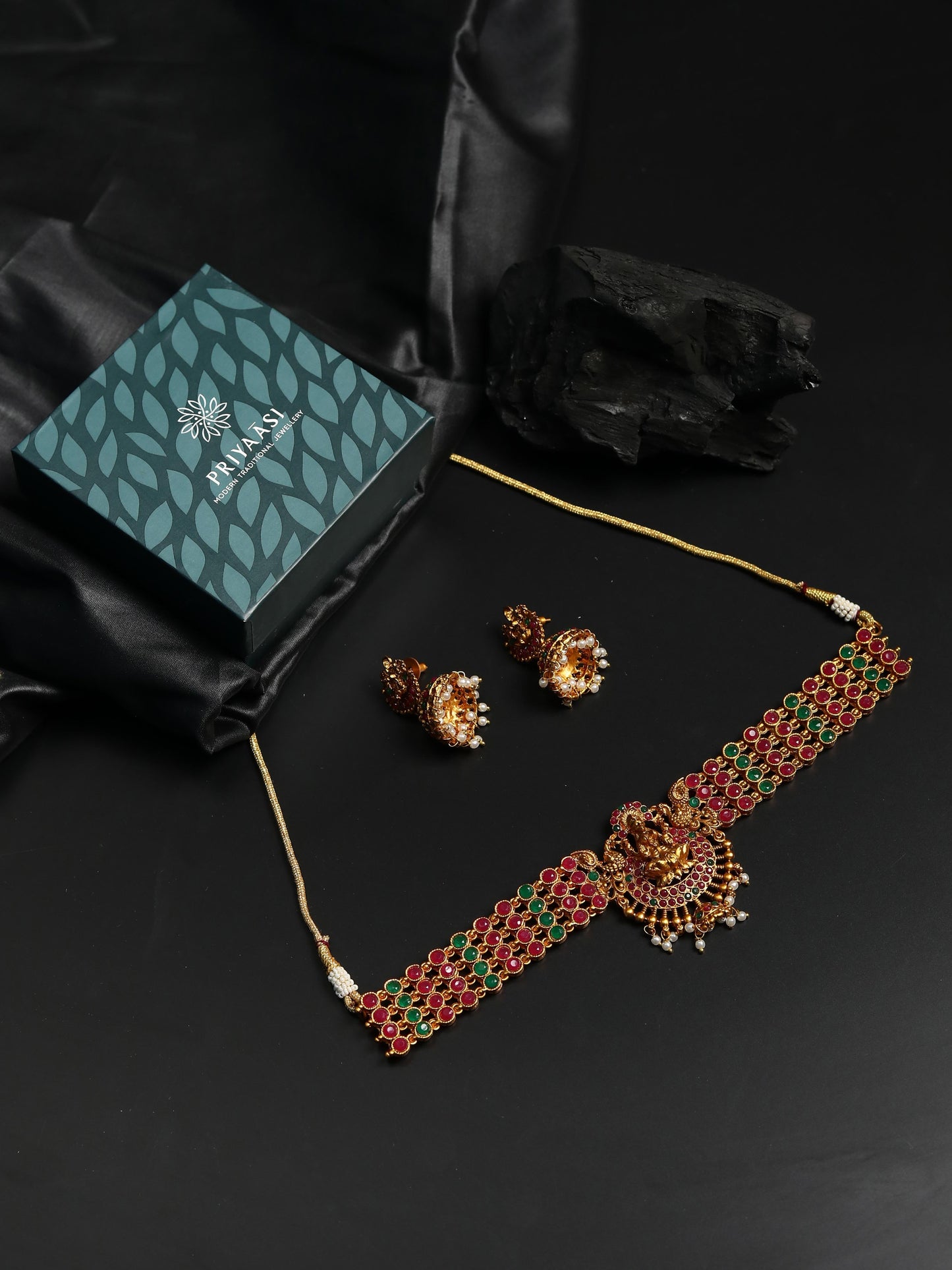 Shakti - Ruby Emerald Beads Gold Plated Choker Set