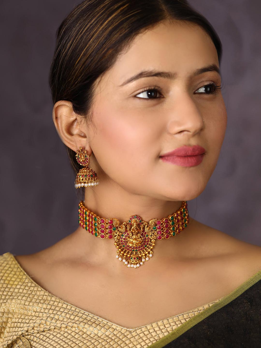 Shakti - Ruby Emerald Beads Gold Plated Choker Set