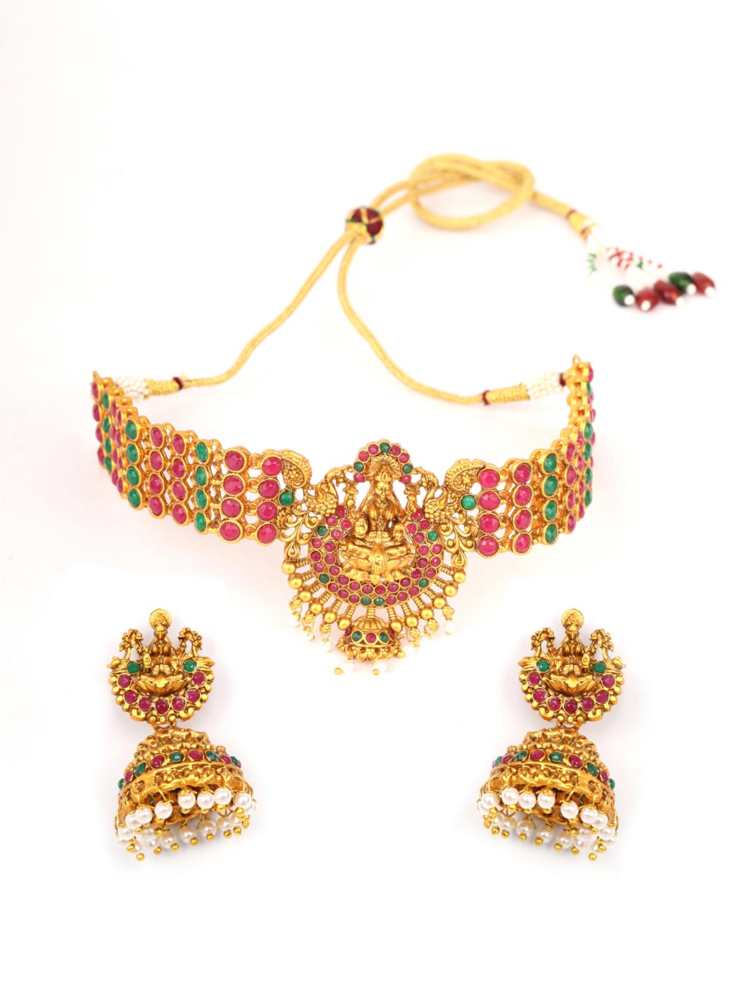 Shakti - Ruby Emerald Beads Gold Plated Choker Set