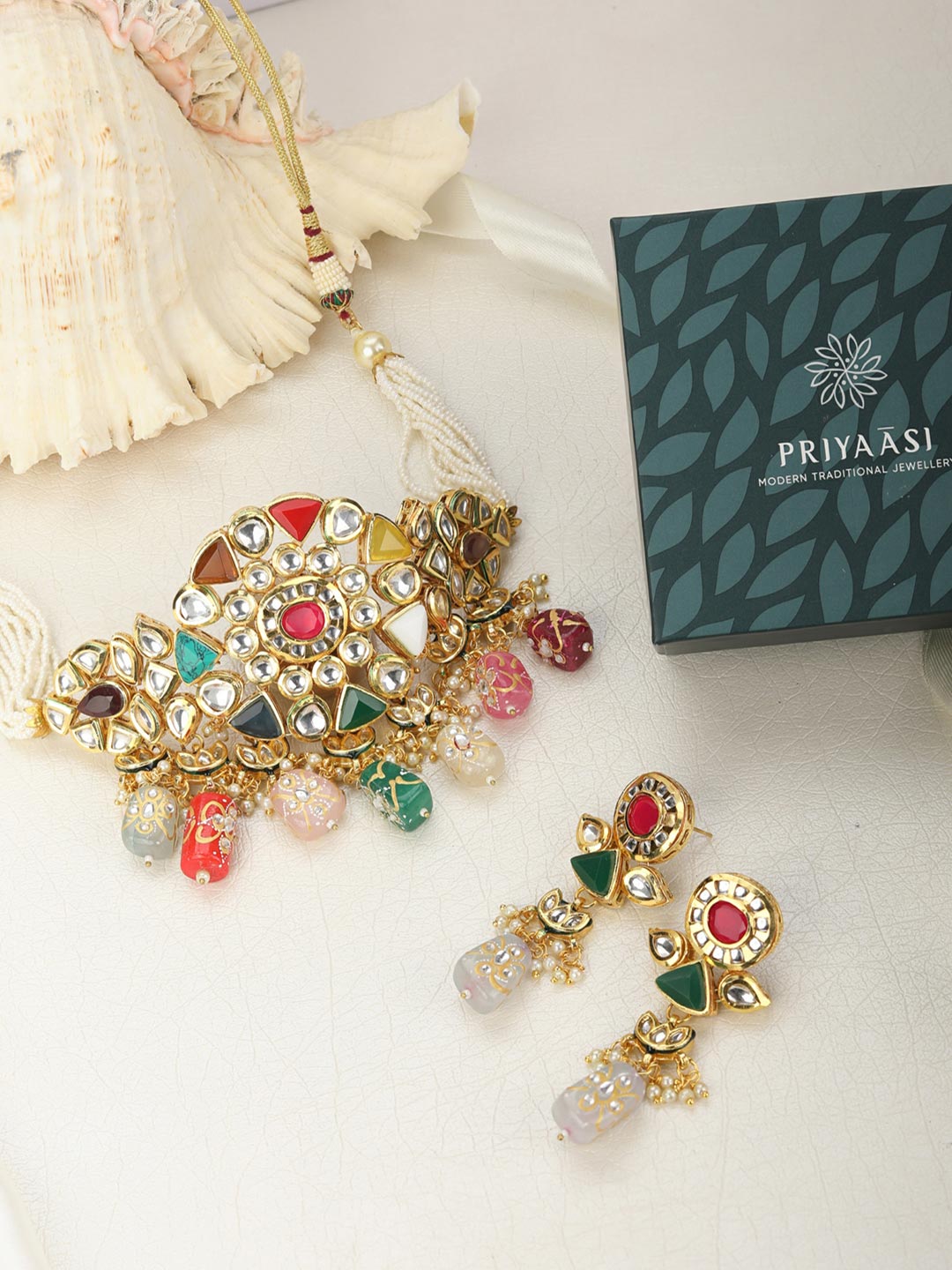 Multi-Color Pearls Beads Stones Kundan Gold Plated Choker Set