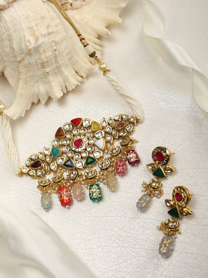 Multi-Color Pearls Beads Stones Kundan Gold Plated Choker Set