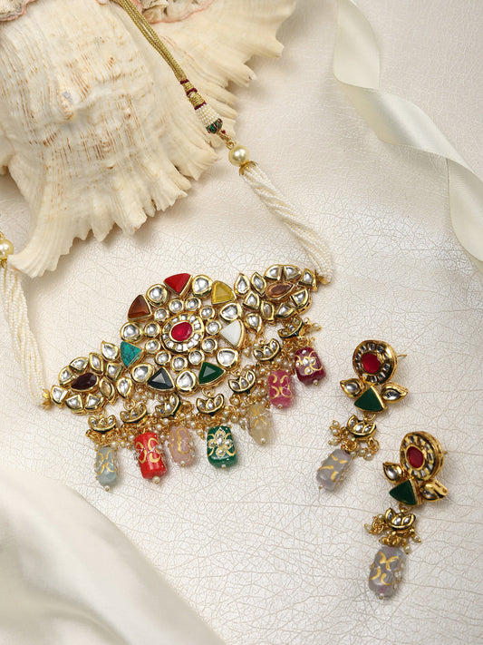 Multi-Color Pearls Beads Stones Kundan Gold Plated Choker Set