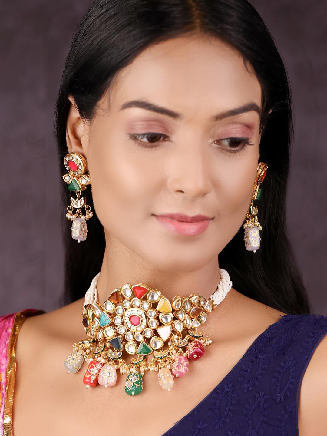 Multi-Color Pearls Beads Stones Kundan Gold Plated Choker Set
