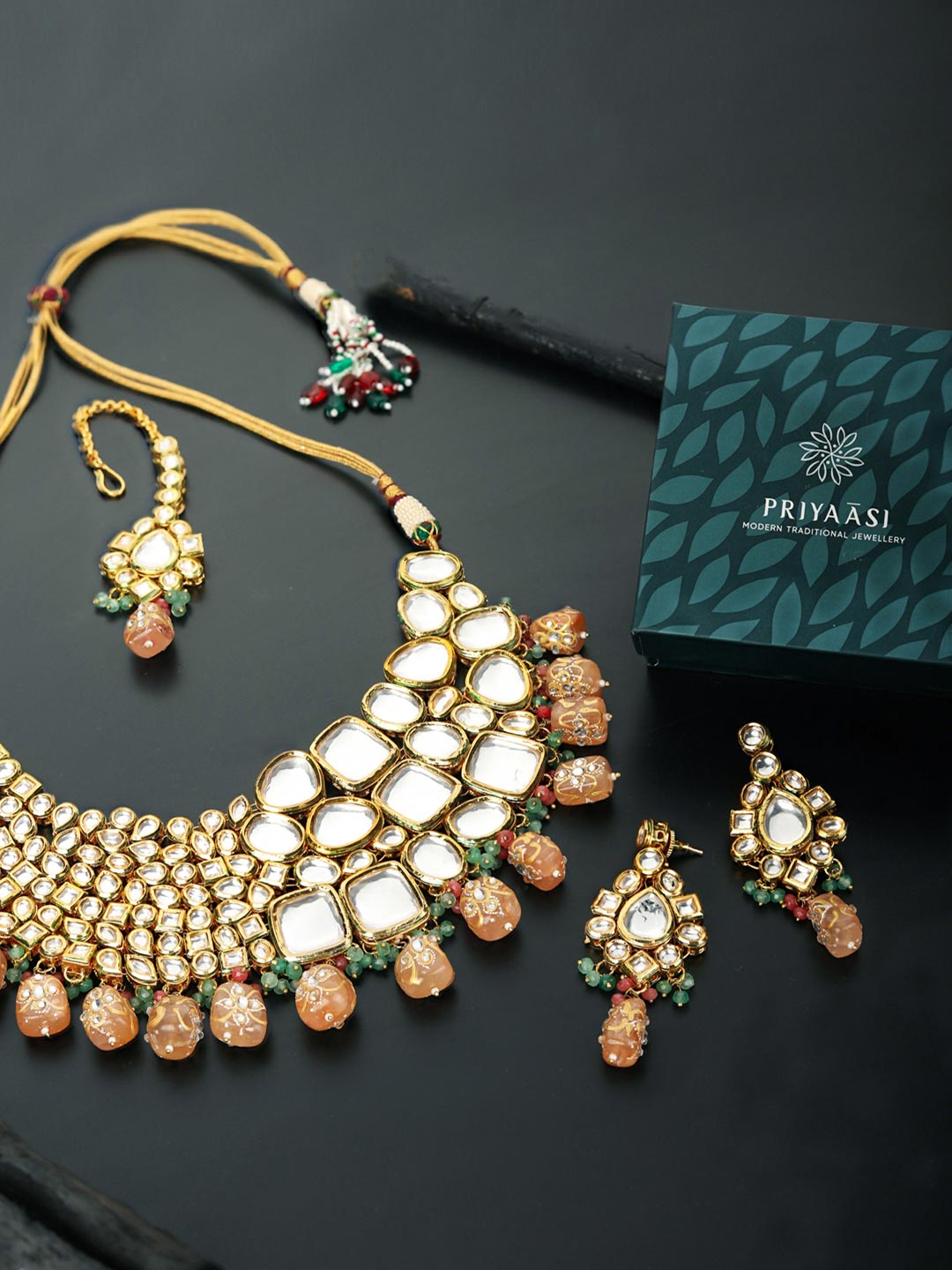 Peach Pearls Beads Kundan Gold Plated Choker Set with MaangTikka