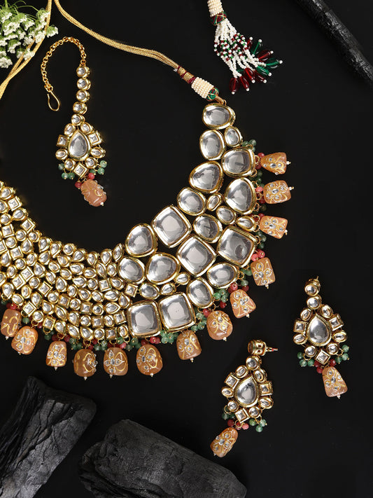 Peach Pearls Beads Kundan Gold Plated Choker Set with MaangTikka