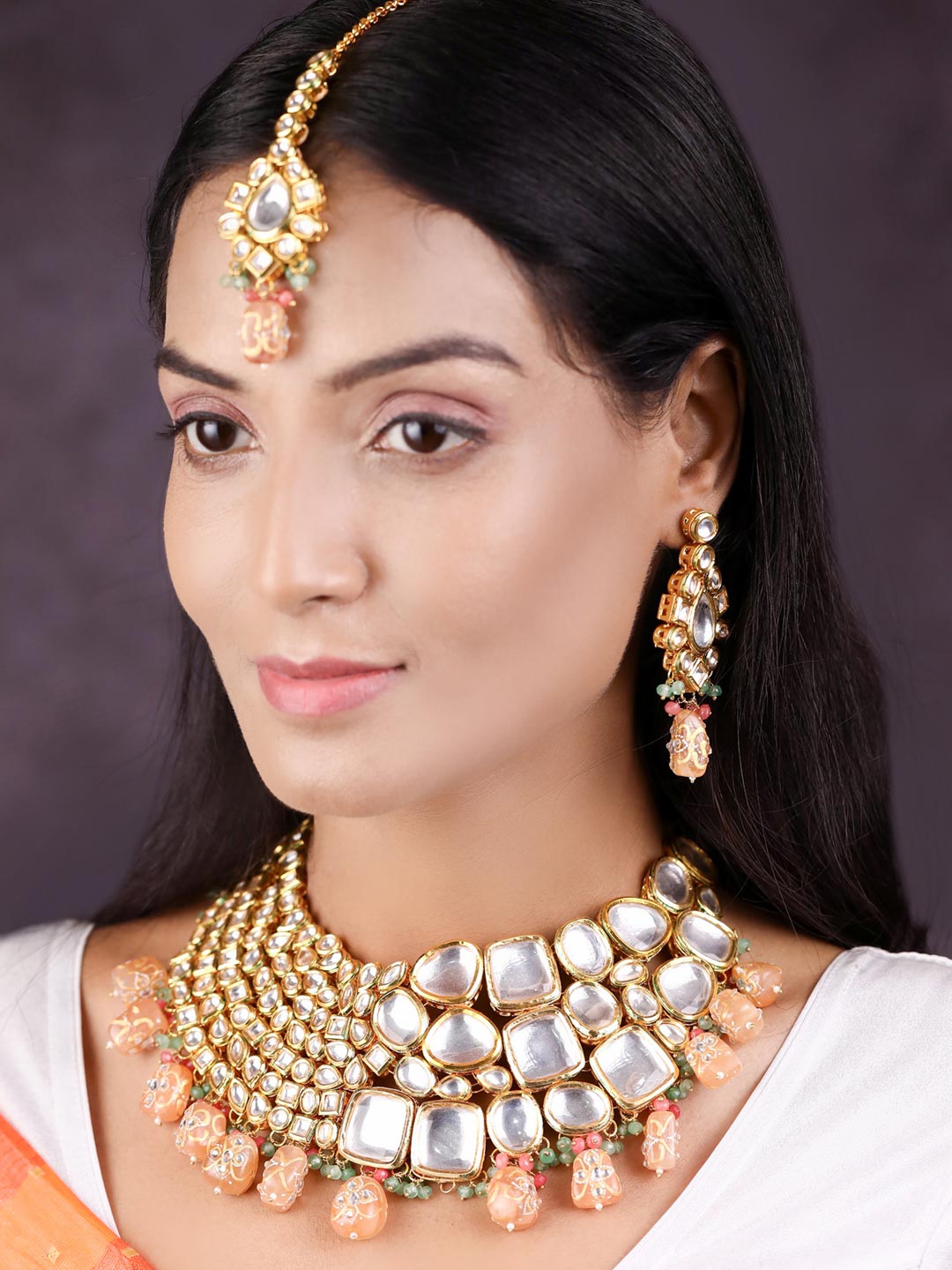 Peach Pearls Beads Kundan Gold Plated Choker Set with MaangTikka