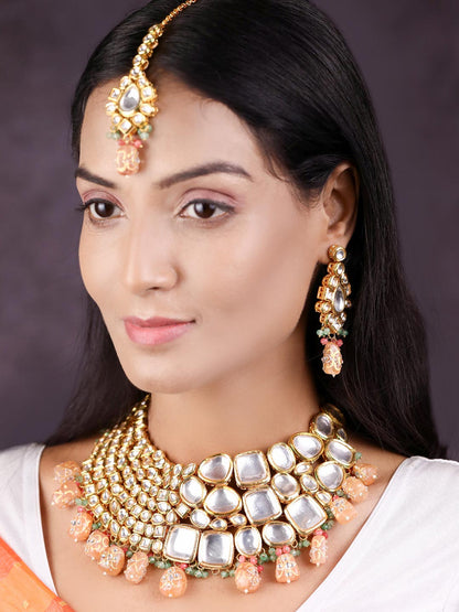 Peach Pearls Beads Kundan Gold Plated Choker Set with MaangTikka