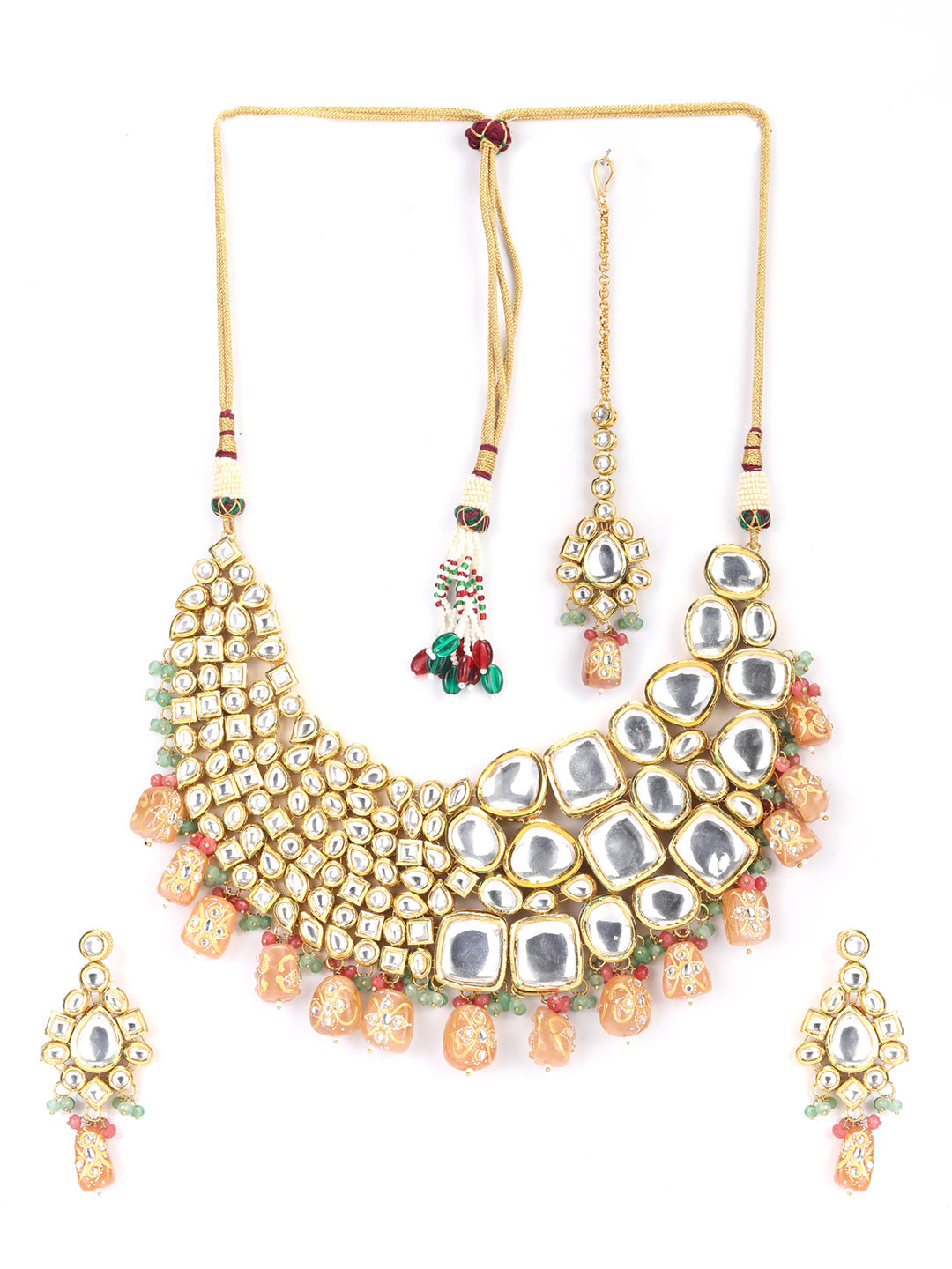 Peach Pearls Beads Kundan Gold Plated Choker Set with MaangTikka