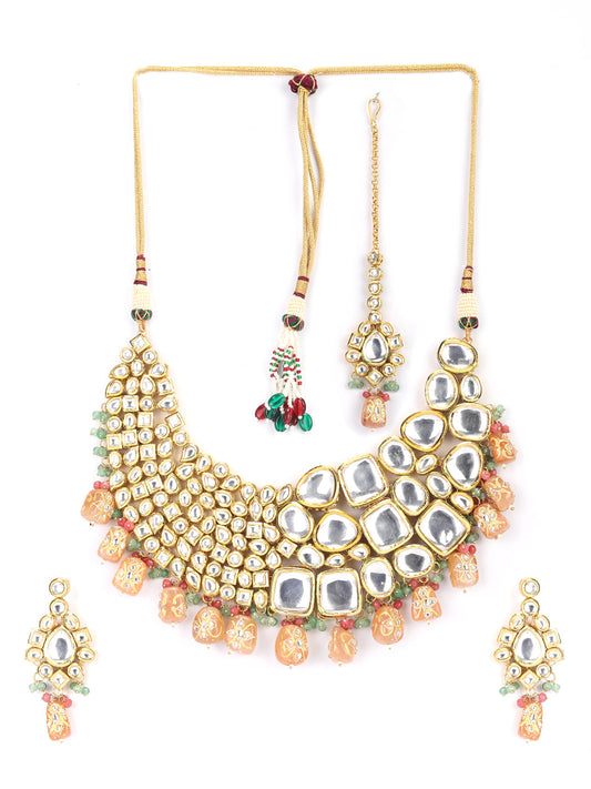 Peach Pearls Beads Kundan Gold Plated Choker Set with MaangTikka