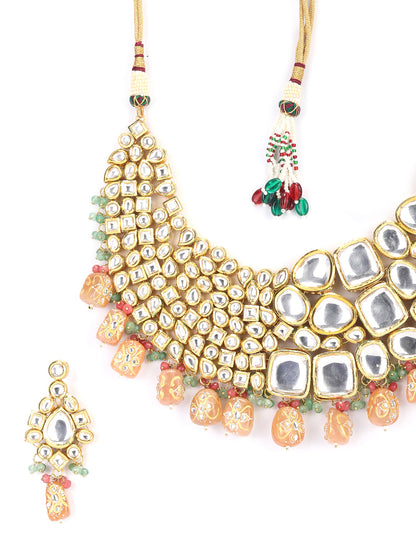 Peach Pearls Beads Kundan Gold Plated Choker Set with MaangTikka