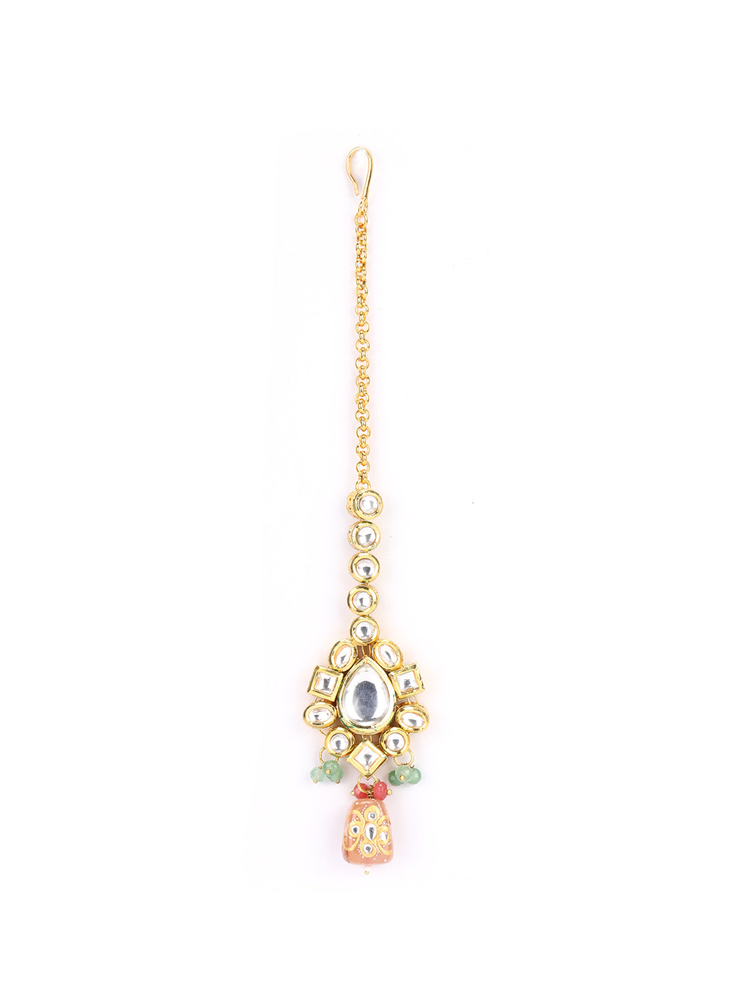 Peach Pearls Beads Kundan Gold Plated Choker Set with MaangTikka