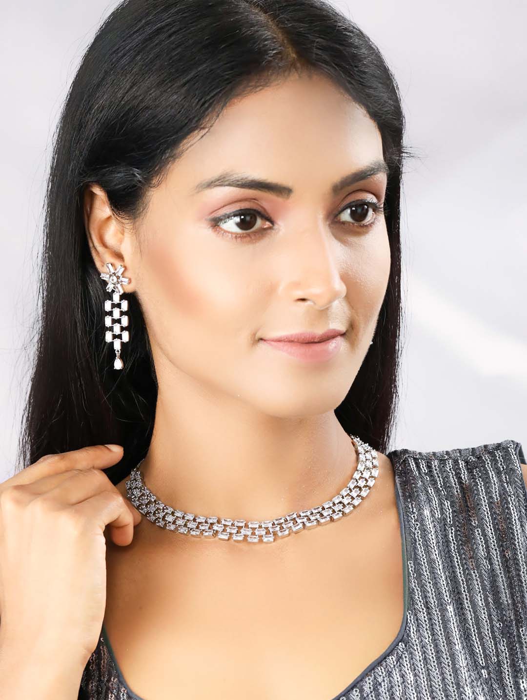 American Diamond Silver Plated Jewellery Set